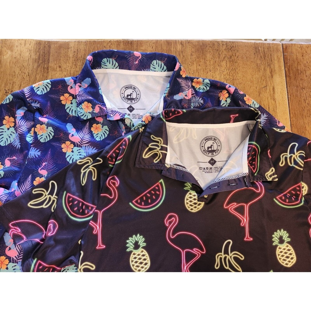 Lot Of 2 Proud 90 Golf Polo Shirt Mens Medium Flamingo Performance